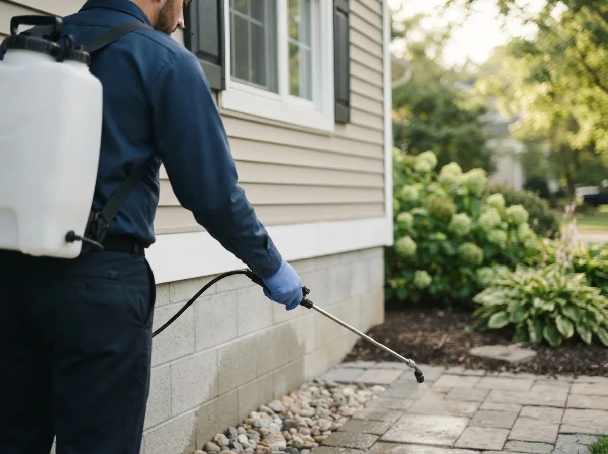 Pest control technician inspecting a home in Deatsville, AL